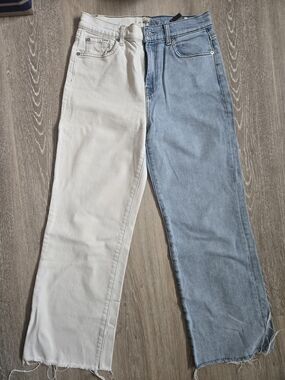 Two-Tone Women's Straight Leg Jeans - White & Light Blue